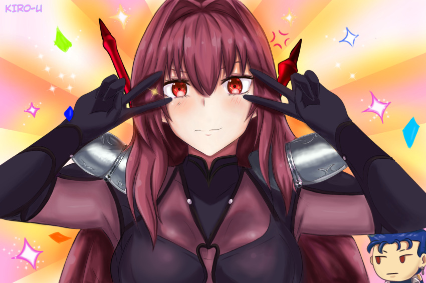 1girl bodysuit breasts cu_chulainn_(fate)_(all) fate/grand_order fate_(series) gae_bolg highres kiro-u lancer large_breasts long_hair looking_at_viewer purple_hair red_eyes scathach_(fate)_(all) scathach_(fate/grand_order) smile solo ulster_(fire_emblem)