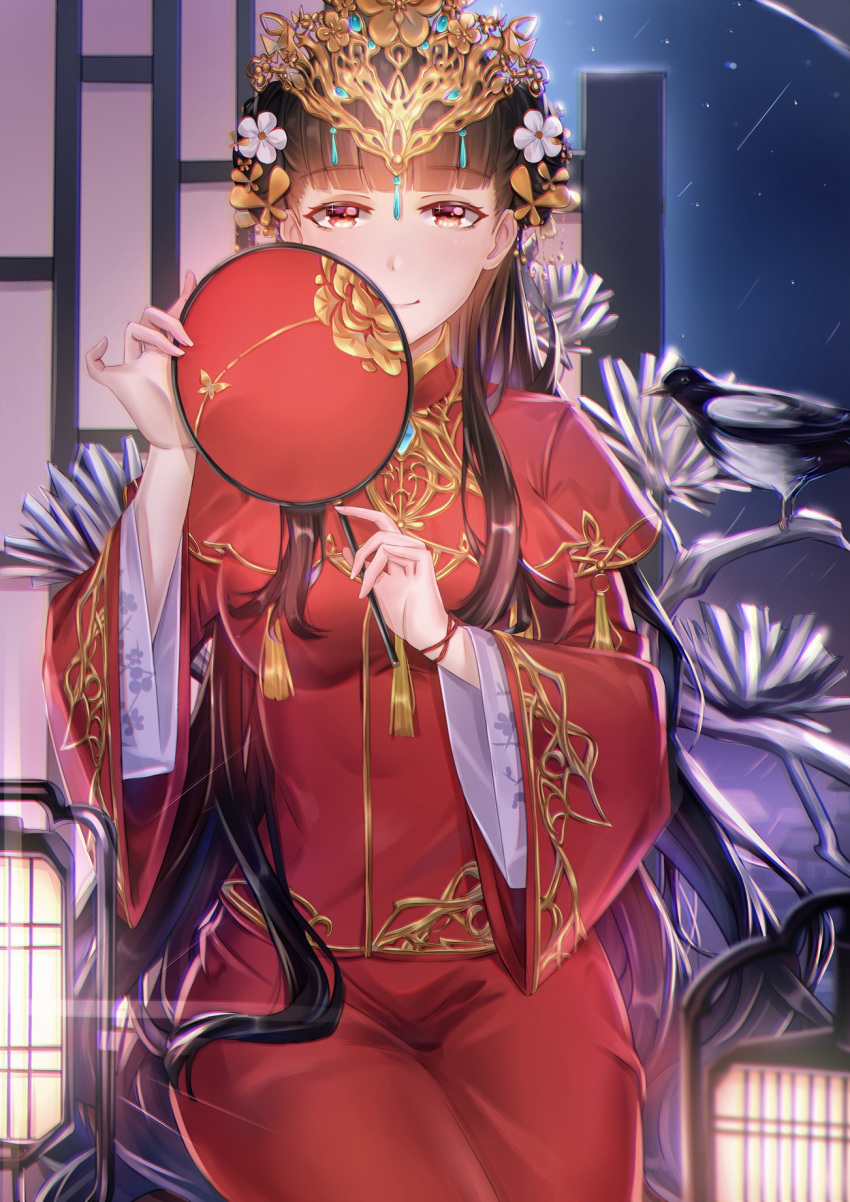 1girl azur_lane bangs bird black_hair blunt_bangs blurry_foreground breasts brown_eyes capelet chinese_clothes chinese_commentary chromatic_aberration commentary_request cowboy_shot crown double_bun dress eyebrows_visible_through_hair fan floral_print flower hair_flower hair_ornament headpiece highres holding holding_fan jewelry lantern large_breasts light_rays long_hair long_sleeves looking_at_viewer night night_sky red_capelet red_dress ribbon shooting_star sking sky smile solo star_(sky) starry_sky tassel tree_branch wedding_dress wide_sleeves wrist_ribbon yat_sen_(azur_lane) yat_sen_(coronal_afterglow)_(azur_lane)