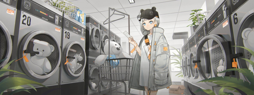 1girl baseball_cap blue_eyes clothes_hanger dress earrings hat highres indoors jacket jewelry laundromat nnn_jpg original plant shirt short_hair solo stuffed_animal stuffed_toy teddy_bear washing_machine white_dress white_hair white_jacket white_shirt