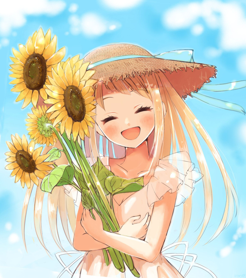 1girl bang_dream! blonde_hair blue_ribbon blush closed_eyes collarbone dress flower frilled_dress frilled_sleeves frills happy hat highres holding holding_flower irono1910 long_hair open_mouth ribbon short_sleeves smile solo standing straight_hair straw_hat sunflower tsurumaki_kokoro white_dress yellow_flower