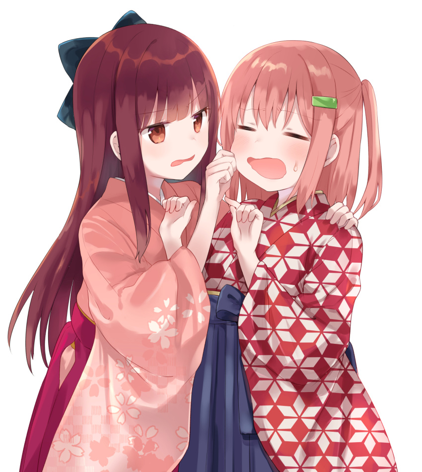 2girls =_= bangs black_bow blue_bow blue_hakama blunt_bangs blush bow brown_eyes brown_hair brown_kimono cheek_pinching chiune_(yachi) closed_eyes copyright_request eyebrows_visible_through_hair floral_print hair_between_eyes hair_bow hair_ornament hairclip hakama hand_on_another's_shoulder hands_up highres japanese_clothes kimono long_hair long_sleeves looking_at_another multiple_girls one_side_up open_mouth pinching print_kimono purple_hakama red_kimono simple_background sweat very_long_hair white_background wide_sleeves