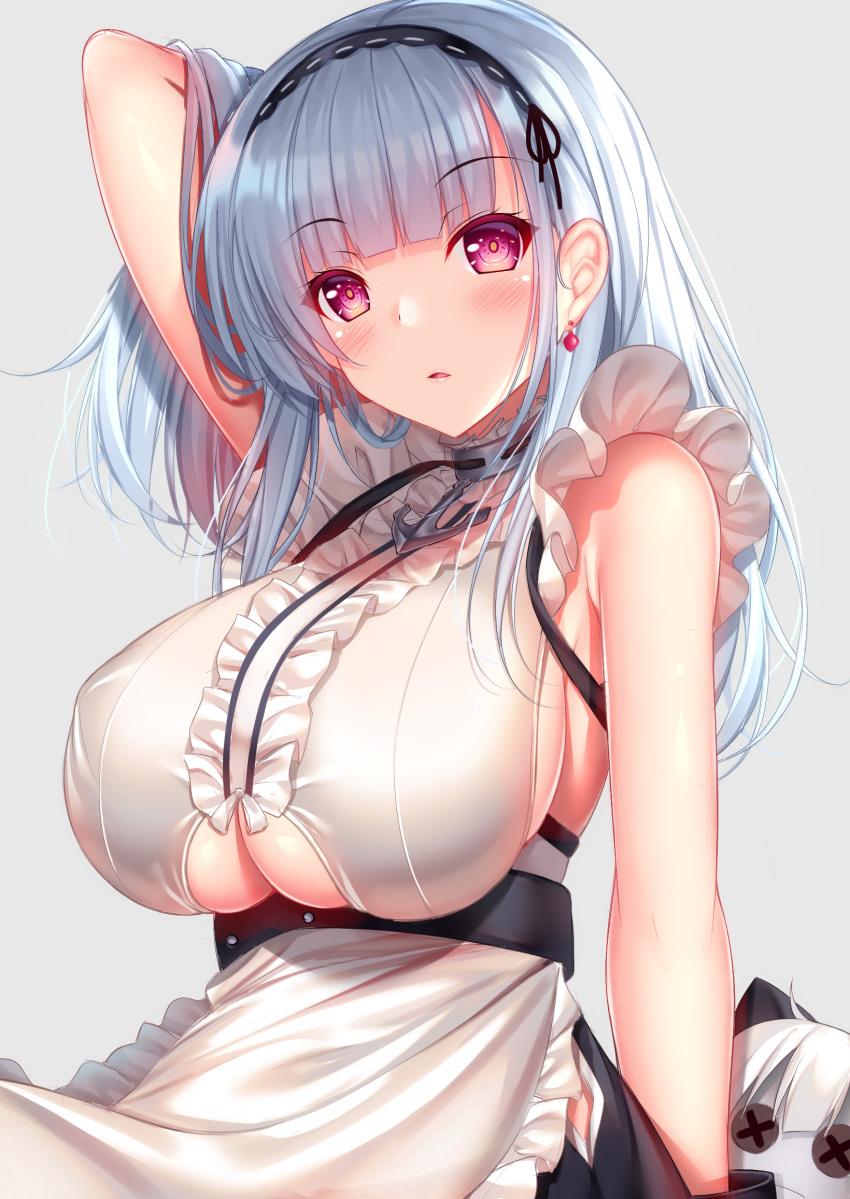 1girl anchor apron arm_up azur_lane bangs bare_shoulders black_hairband black_skirt blunt_bangs blush breasts button_eyes center_frills dido_(azur_lane) doll earrings eyebrows_visible_through_hair grey_background hairband highres jewelry large_breasts long_hair parted_lips shirt silver_hair simple_background skirt sleeveless sleeveless_shirt smile solo under_boob underboob_cutout upper_body violet_eyes waist_apron white_apron yunagi_amane