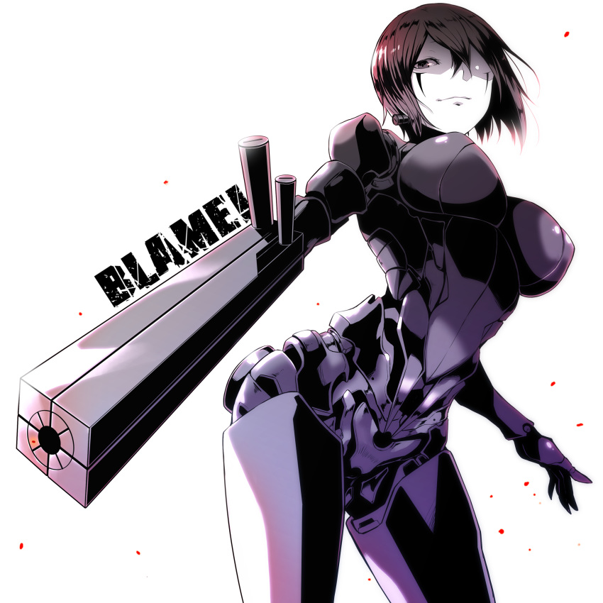 1girl android arm_cannon black_hair blame! breasts brown_eyes copyright_name cowboy_shot facial_mark graviton_beam_emitter highres hip_focus large_breasts light_smile pale_skin perky_breasts robot_joints safeguard_(blame!) sakuma_tsukasa sanakan short_hair solo weapon white_background