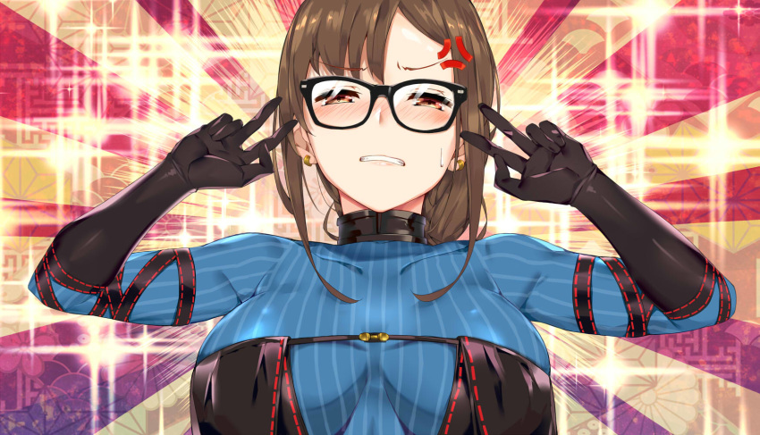 1girl anger_vein bangs black-framed_eyewear black_dress black_gloves blue_dress blush braid breasts brown_eyes brown_hair center_opening choker consort_yu_(fate) double_v dress earrings elbow_gloves emotional_engine_-_full_drive fate/grand_order fate_(series) glasses gloves hands_up hidebuu highres jewelry large_breasts layered_dress long_hair multiple_earrings parody piercing red_background ribbon-trimmed_dress sparkle striped striped_background turtleneck_dress v very_long_hair yellow_background