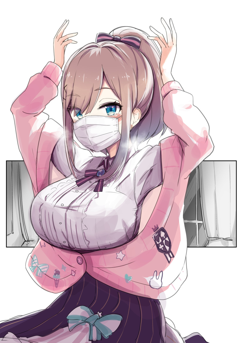 1girl absurdres arms_up blue_eyes blush bow breasts eyebrows_visible_through_hair face_mask frilled_shirt frills hair_bow highres jewelry large_breasts looking_at_viewer mask medium_hair nijisanji open_clothes pink_hair pink_sweater ponytail shirt skirt solo surgical_mask suzuhara_lulu sweater taketatetakeya virtual_youtuber