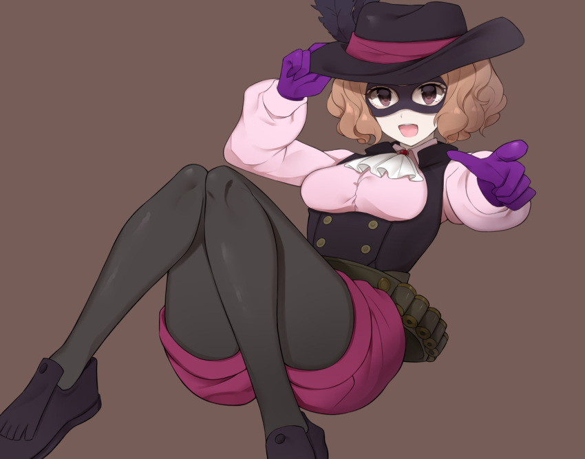 1girl bandolier black_legwear black_vest brown_eyes brown_hair commentary_request domino_mask gloves hat hat_feather loafers mask okumura_haru pantyhose persona persona_5 pink_shirt purple_footwear purple_gloves purple_shorts raimone26 shirt shoes shorts solo underbust vest