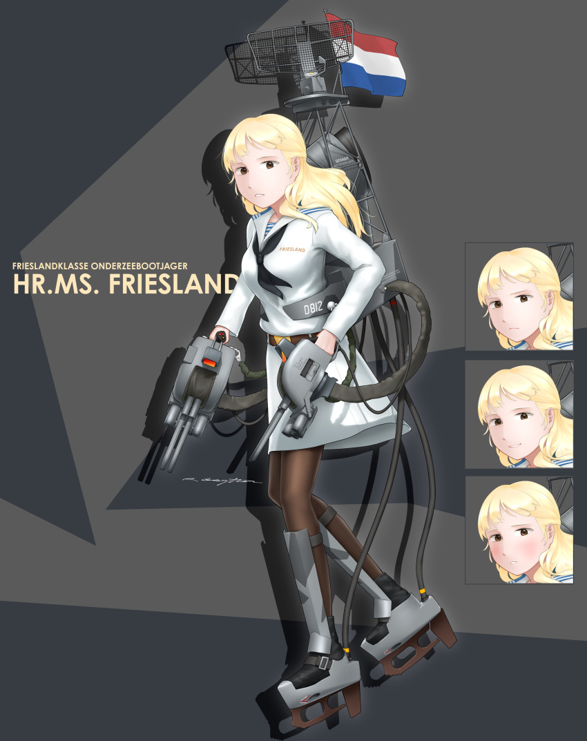 1girl absurdres black_neckwear blonde_hair blush brown_eyes brown_legwear cannon character_name clothes_writing commentary commission english_commentary expressions full_body grey_background greythorn032 gun highres long_hair long_sleeves looking_at_viewer neckerchief original pantyhose parted_lips personification radar rigging shin_guards signature smile solo two-tone_background weapon world_of_warships