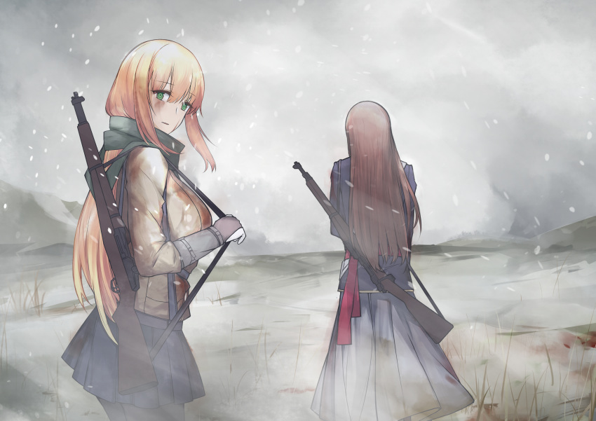 absurdres blonde_hair brown_hair dirty_clothes girls_frontline gun highres holstered_weapon looking_back m1903_springfield m1903_springfield_(girls_frontline) m1_garand m1_garand_(girls_frontline) macayase rifle snowing weapon