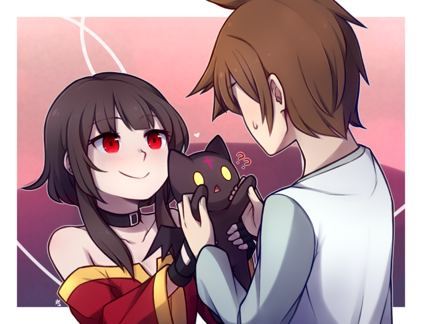 1boy 1girl ?? bare_shoulders black_gloves black_hair brown_hair cat chomusuke collar collarbone commentary english_commentary eyebrows_visible_through_hair fingerless_gloves gloves heart holding holding_cat kono_subarashii_sekai_ni_shukufuku_wo! long_sleeves looking_at_another megumin off_shoulder outline red_eyes satou_kazuma short_hair_with_long_locks sidelocks smile speckticuls sweatdrop upper_body white_outline wide_sleeves