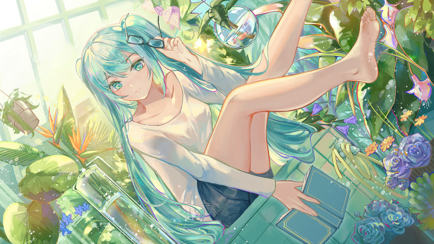 1girl barefoot book commentary denim denim_shorts dutch_angle eyewear_removed fern fish fishbowl flower glasses greenhouse hatsune_miku highres holding holding_book holding_eyewear indoors legs_up light_smile long_hair looking_at_viewer open_book plant potted_plant qie_(25832912) rose shorts sitting skirt solo succulent_plant twintails vase very_long_hair vocaloid white_skirt