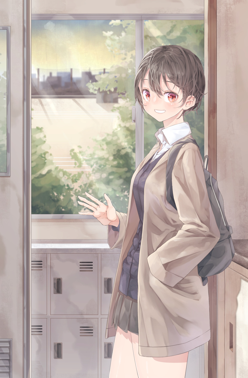 12_graka 1girl absurdres backpack bag black_hair black_skirt brown_coat classroom coat day grin hand_in_pocket highres locker long_neck original red_eyes school_uniform short_hair skirt smile solo standing uniform window