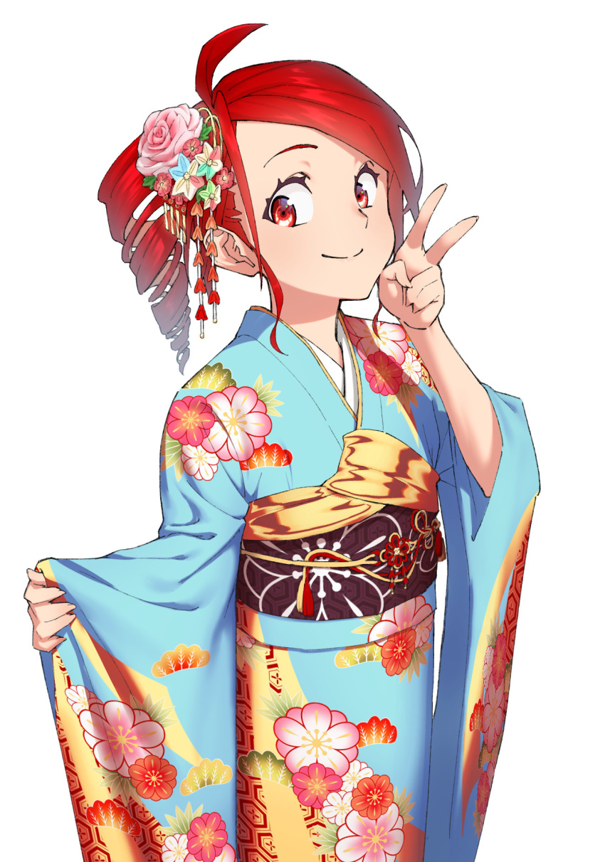 1girl ahoge anco8pizz blue_kimono cowboy_shot drill_hair floral_print flower furisode hair_flower hair_ornament hand_up highres japanese_clothes kasane_teto kimono looking_at_viewer obi red_eyes redhead sash short_hair smile solo standing utau v white_background wide_sleeves