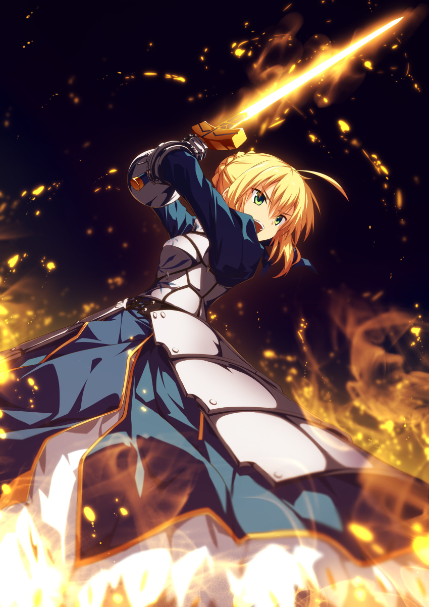 1girl absurdres ahoge armor armored_dress artoria_pendragon_(all) blonde_hair braid breasts commentary dress energy excalibur fate/stay_night fate_(series) gauntlets glowing glowing_sword glowing_weapon green_eyes hair_ribbon highres holding holding_sword holding_weapon light_particles long_hair long_sleeves open_mouth ribbon saber serious solo standing sword ugume weapon