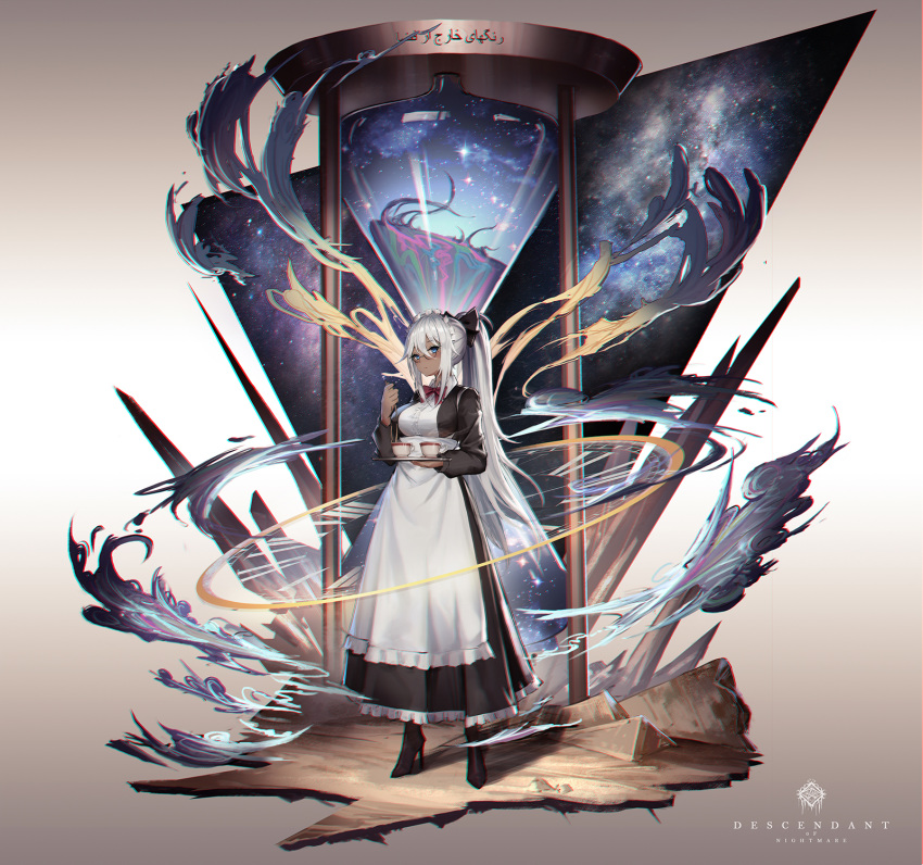 1girl bangs black_ribbon blue_eyes breasts chinese_commentary clock commentary_request cup dark_skin full_body glasses hair_between_eyes hair_ribbon high_heels highres holding holding_tray hourglass long_hair long_sleeves looking_at_viewer maid maid_headdress original ponytail red_ribbon ribbon sidelocks silver_hair solo standing star_(sky) tan teacup tray very_long_hair yurichtofen