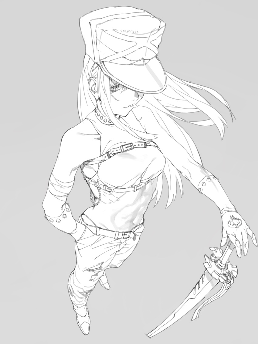 1girl abs absurdres bandages bare_shoulders chain choker collarbone darling_in_the_franxx gloves grey_background greyscale hands_in_pockets hat highres katana long_hair monochrome navel r_u_i_(s_1cll) simple_background solo standing studded_choker sword tongue tongue_out torn_clothes torn_legwear weapon zero_two_(darling_in_the_franxx) zero_two_(kirby)