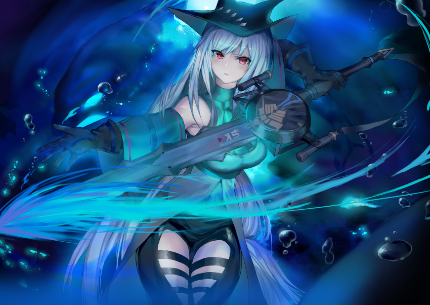 1girl air_bubble arknights armpits bare_shoulders black_gloves black_headwear blue_theme breasts bubble detached_sleeves gloves highres holding holding_sword holding_weapon large_breasts long_hair looking_at_viewer magic outstretched_arm pants parted_lips red_eyes shirt silver_hair skadi_(arknights) solo sword telru thigh_cutout very_long_hair water weapon