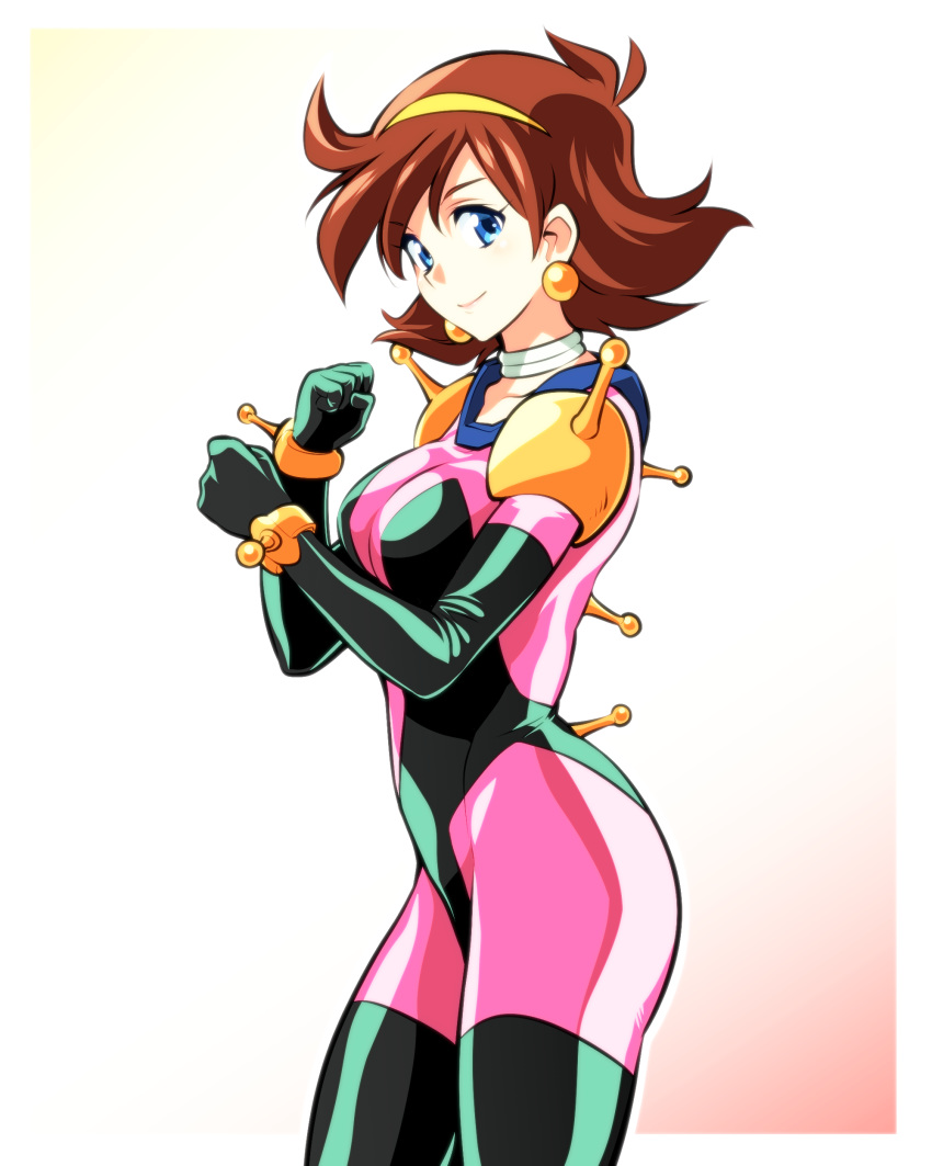 1girl absurdres blue_eyes bodysuit breasts brown_hair clenched_hands commentary_request g_gundam gundam hairband highres ishiyumi jewelry large_breasts looking_at_viewer looking_to_the_side mobile_trace_suit neck_ring pink_bodysuit rain_mikamura short_hair skin_tight smile solo