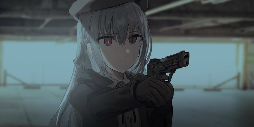 1girl bangs beret black_bow black_gloves black_headwear black_jacket blurry blurry_background bow braid chihuri closed_mouth collared_shirt depth_of_field dress_shirt eva_(chihuri) eyebrows_visible_through_hair gloves glowing glowing_eye grey_eyes grey_hair gun hair_between_eyes hair_bow handgun hat highres holding holding_gun holding_weapon hood hood_down hooded_jacket jacket long_hair long_sleeves open_clothes open_jacket original pistol shirt solo two-handed upper_body weapon weapon_request white_shirt