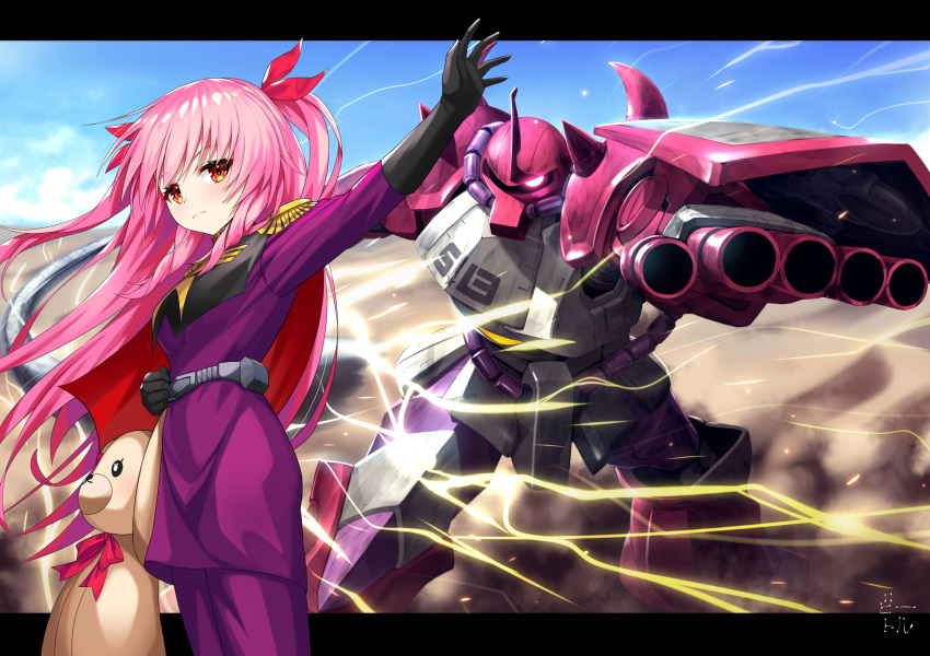 1girl bettle_(b_s_a_n) black_gloves cape character_request day dress electricity epaulettes frown gloves gouf gundam highres himekuma_ribon long_hair mecha mobile_suit_gundam outdoors pink_hair purple_dress re:act red_cape red_eyes standing stuffed_animal stuffed_toy teddy_bear two_side_up very_long_hair virtual_youtuber weapon