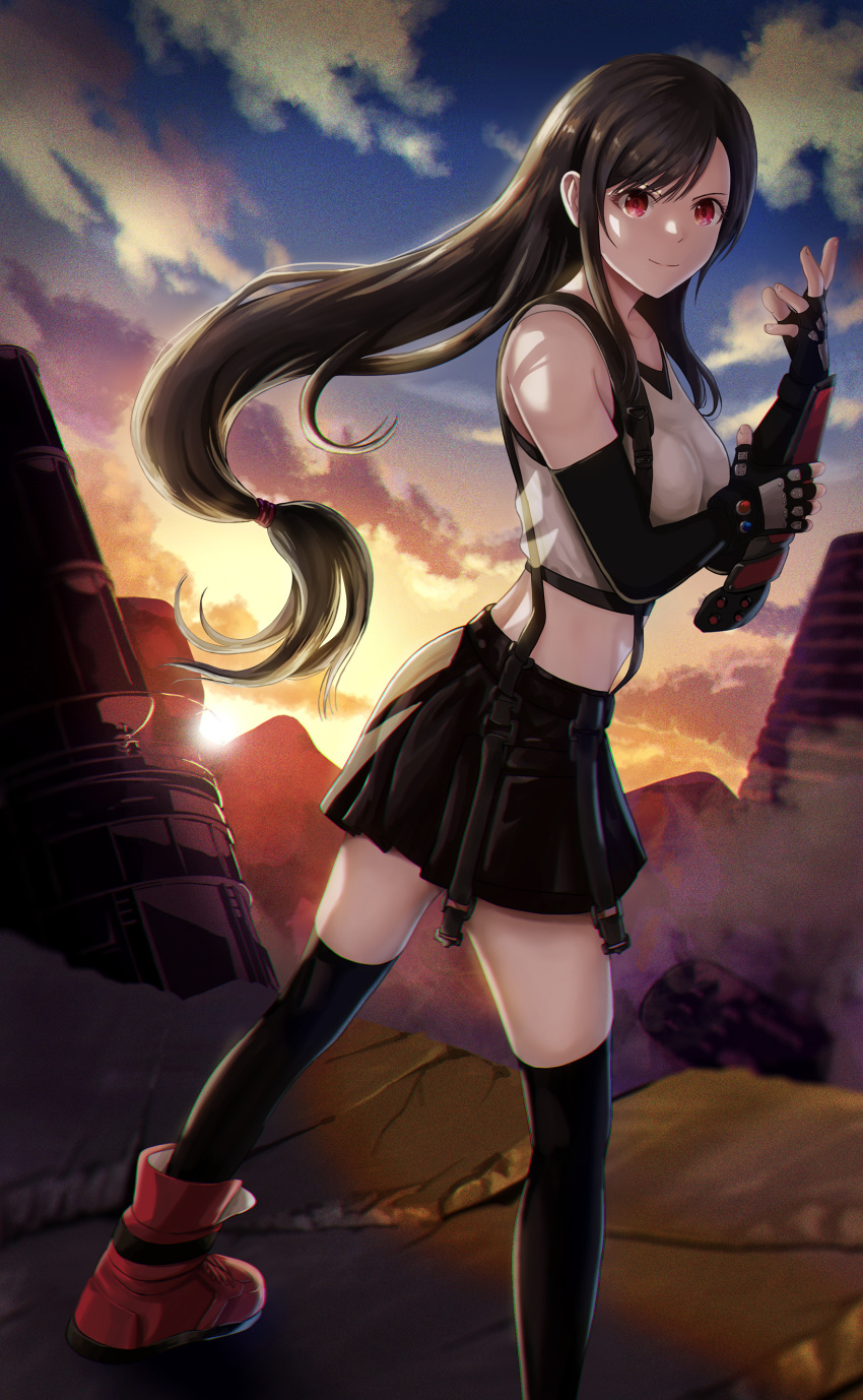 1girl absurdres black_hair black_legwear black_skirt boots bracer breasts closed_mouth clouds crop_top elbow_gloves final_fantasy final_fantasy_vii final_fantasy_vii_remake fingerless_gloves floating_hair foot_out_of_frame gloves highres konbanwa01 light_smile long_hair low-tied_long_hair materia midriff miniskirt pleated_skirt red_eyes red_footwear skirt sky solo sunset suspender_skirt suspenders tank_top thigh-highs tifa_lockhart white_tank_top zettai_ryouiki