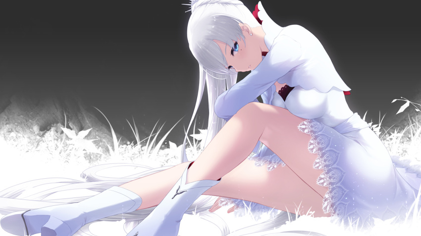 1girl belt blue_eyes boots breasts cait cropped_jacket dress earrings head_tilt high_collar high_heel_boots high_heels highres jewelry lace lace-trimmed_dress long_hair long_sleeves medium_breasts parted_lips ponytail rwby short_dress side_ponytail skirt solo tiara very_long_hair weiss_schnee white_dress white_footwear white_hair wide_sleeves