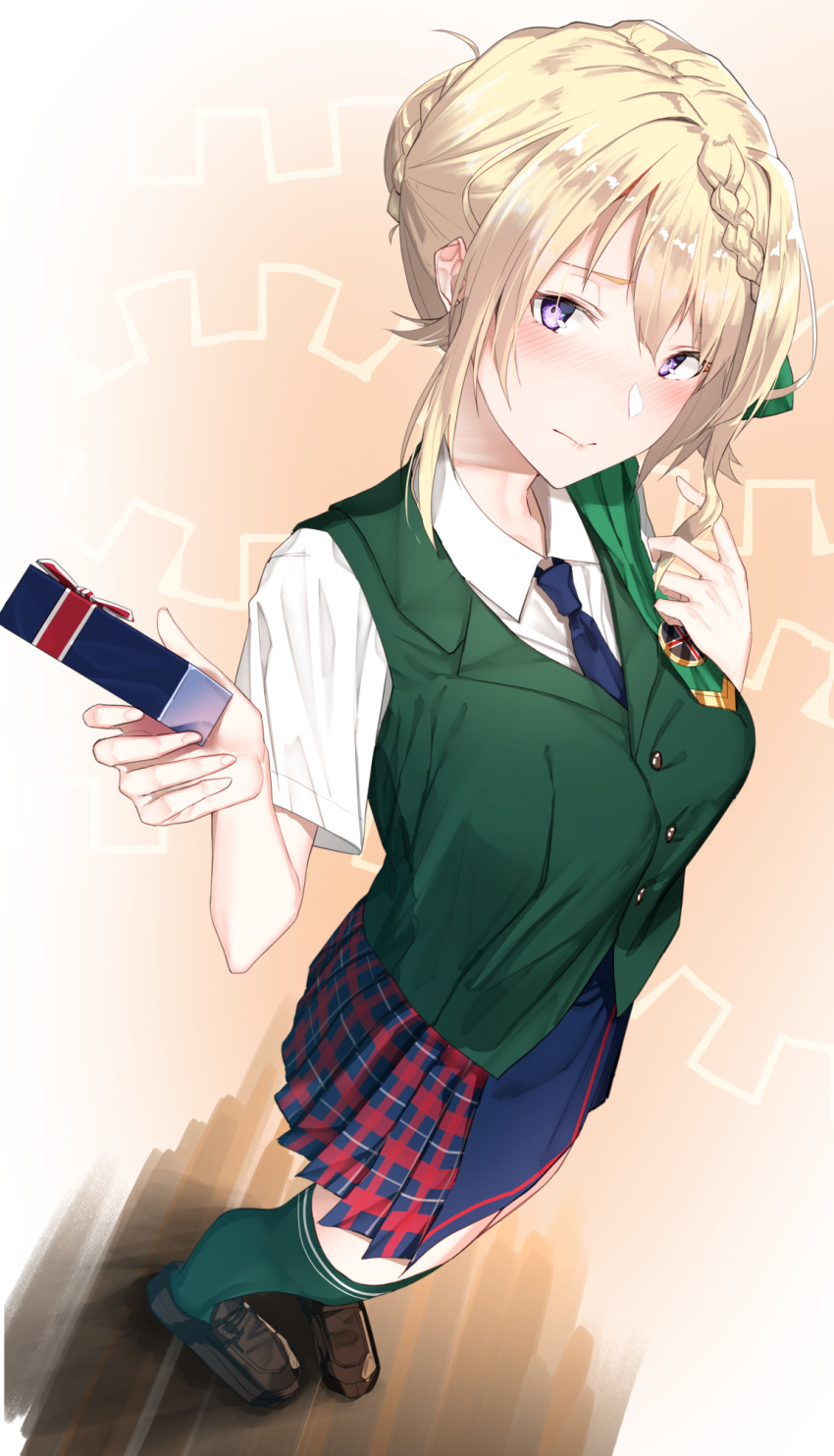 1girl badge blonde_hair blue_neckwear blush box braid braided_bangs braided_bun breasts brown_footwear commentary_request dress_shirt eyebrows_visible_through_hair from_above full_body gift gift_box green_legwear green_vest hair_ribbon highres holding holding_gift incoming_gift kantai_collection large_breasts looking_at_viewer necktie pallad perth_(kantai_collection) playing_with_own_hair pleated_skirt ribbon school_uniform shirt short_hair short_sleeves simple_background skirt solo thigh-highs valentine vest violet_eyes white_shirt