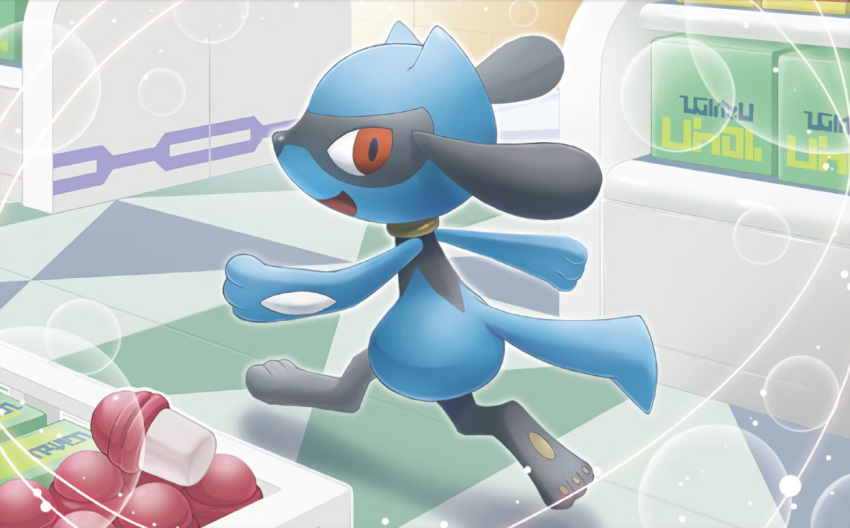 brown_eyes creature full_body gen_4_pokemon indoors mizue no_humans official_art pokemon pokemon_(creature) pokemon_trading_card_game riolu running solo x_attack