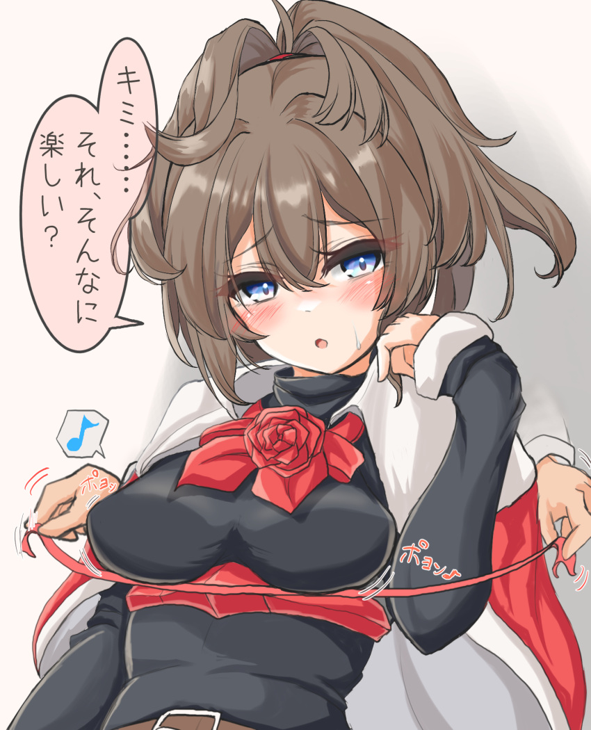 1girl belt belt_buckle blue_eyes blush breasts brown_belt brown_hair buckle capelet eighth_note eyebrows_visible_through_hair flower hair_between_eyes highres kantai_collection kasashi_(kasasi008) medium_breasts medium_hair motion_lines musical_note open_mouth ponytail red_capelet red_flower red_rose rose sheffield_(kancolle) solo_focus speech_bubble spoken_musical_note translation_request
