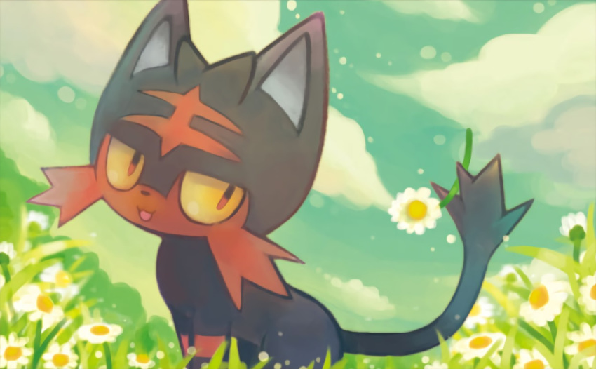 :d blue_sky clouds cloudy_sky creature day flower gen_7_pokemon grass litten nishida_atsuko no_humans official_art open_mouth outdoors pokemon pokemon_(creature) pokemon_trading_card_game sitting sky smile solo yellow_eyes