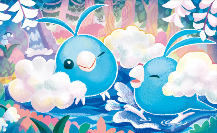 bird bird_focus creature facing_another flower forest full_body gen_3_pokemon looking_at_viewer nature no_humans official_art one_eye_closed outdoors pokemon pokemon_(creature) pokemon_trading_card_game profile river shibuzoh standing swablu tree water waterfall