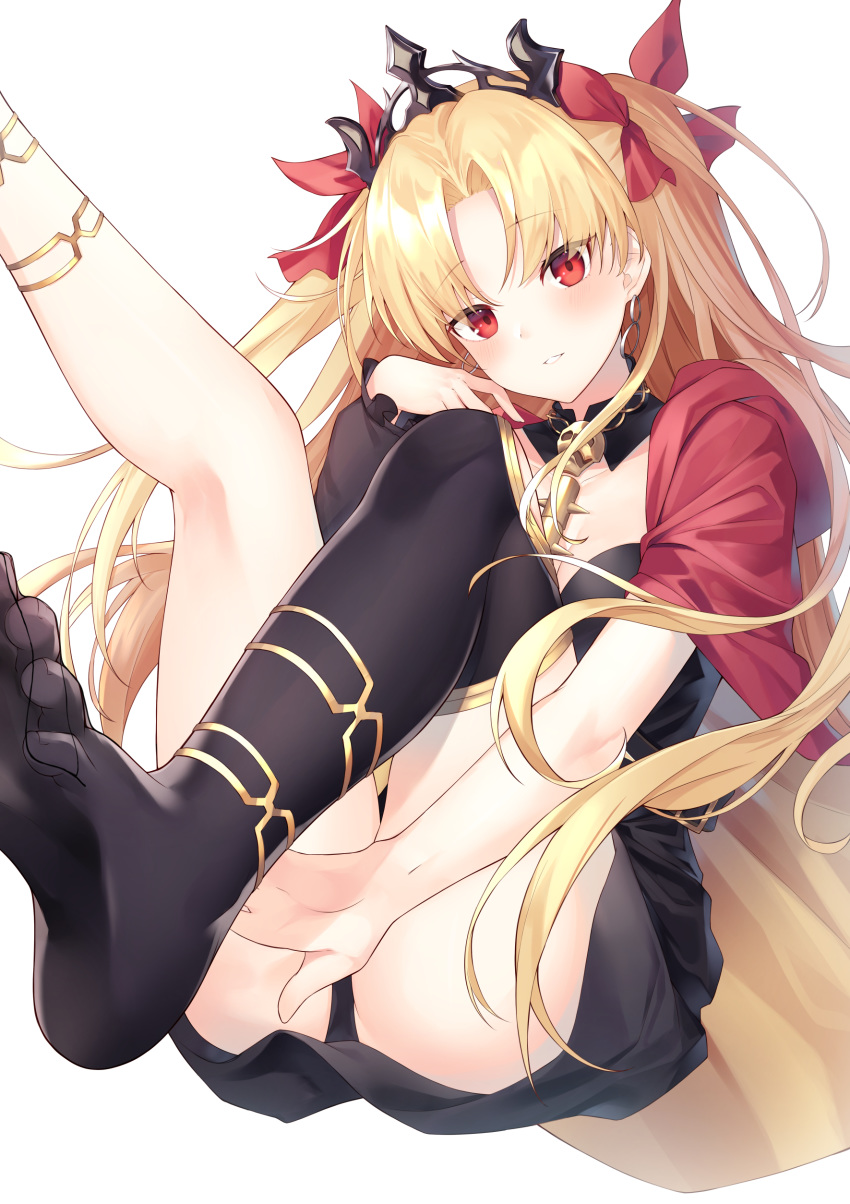 1girl absurdres asymmetrical_legwear asymmetrical_sleeves bangs between_breasts black_legwear blonde_hair blush bow breasts cape detached_collar dress earrings ereshkigal_(fate/grand_order) fate/grand_order fate_(series) feet hair_bow highres hoop_earrings infinity jewelry kina leaning_back legs_up long_hair long_sleeves looking_at_viewer medium_breasts multicolored multicolored_cape multicolored_clothes necklace parted_bangs red_bow red_cape red_dress red_eyes short_dress simple_background single_sleeve single_thighhigh sitting skull solo spine thigh-highs tiara two_side_up white_background yellow_cape