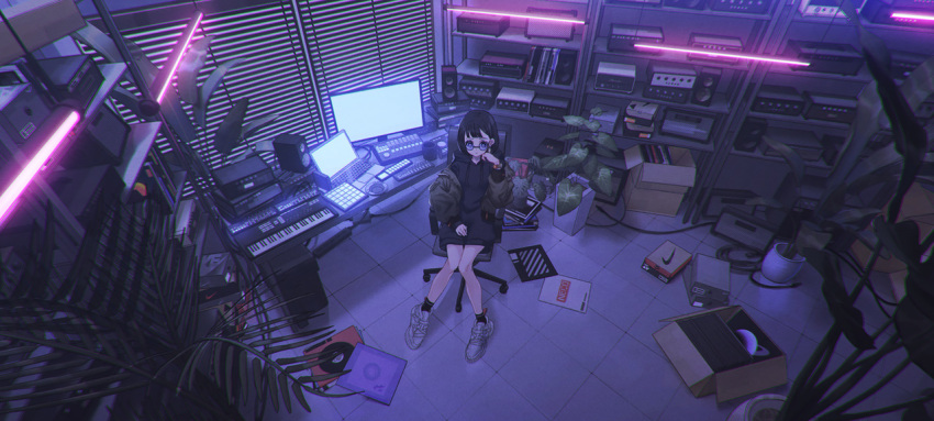 1girl album_(object) black_hair black_hoodie blinds box cardboard_box chair computer glasses green_jacket indoors instrument jacket keyboard_(instrument) laptop monitor nnn_jpg original plant shoes short_hair sitting sneakers solo stereo white_footwear