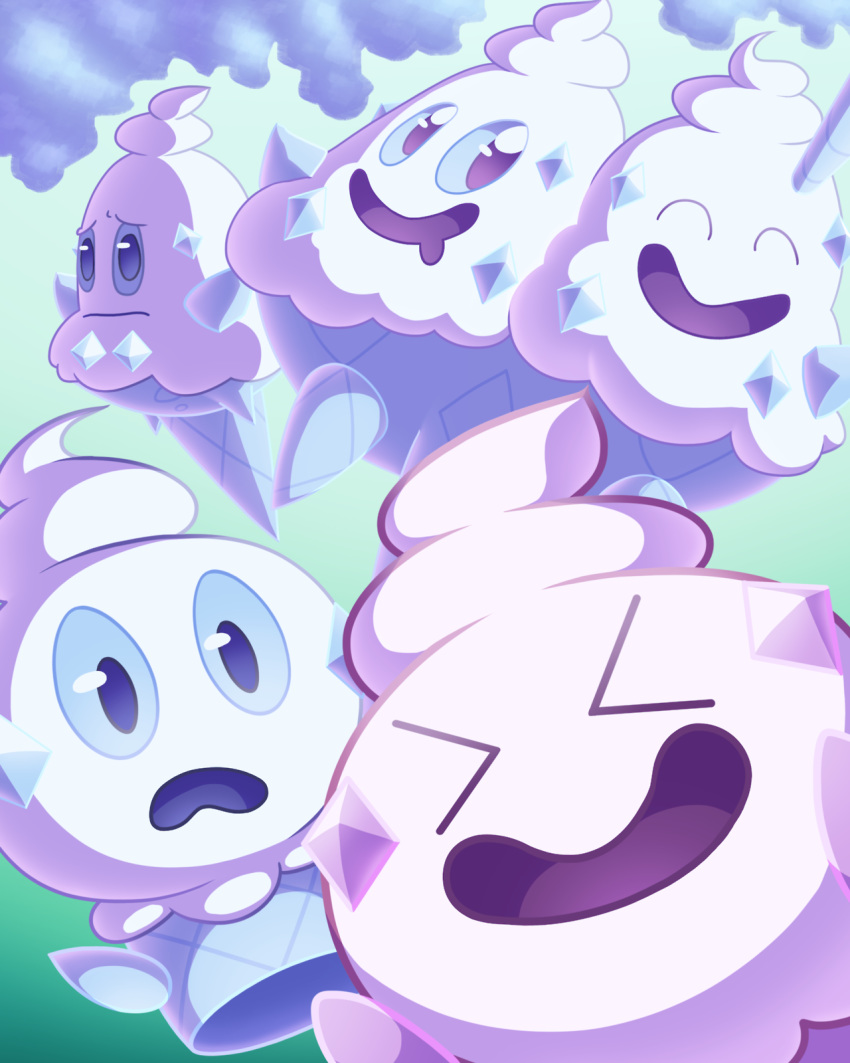 &gt;_&lt; ^_^ closed_eyes commentary english_commentary floating frown gen_5_pokemon highres looking_at_another nintooner pokemon smile vanillish vanillite vanilluxe