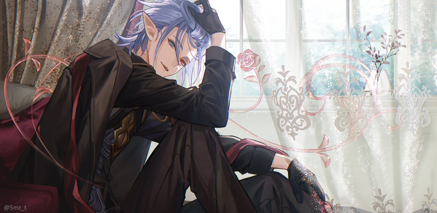 1boy 5mz_t black_gloves blue_eyes curtains gloves granblue_fantasy grimnir heterochromia jacket_on_shoulders looking_at_viewer male_focus pointy_ears red_eyes short_hair silver_hair sitting smile weapon