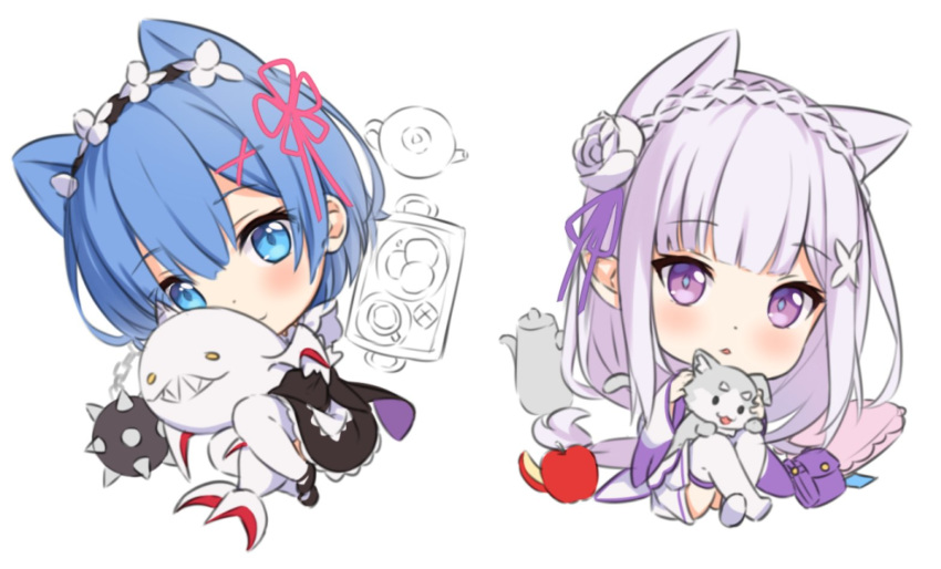 2girls animal_ears apple apple_slice apron bag bangs black_dress black_footwear blue_eyes blue_hair blush braid cat_ears chain chibi closed_mouth commentary crown_braid dress emilia_(re:zero) eyebrows_visible_through_hair flower food fruit hair_between_eyes hair_flower hair_ornament hair_ribbon hairclip hitsukuya juliet_sleeves kemonomimi_mode long_hair long_sleeves looking_at_viewer minigirl multiple_girls no_shoes pink_ribbon pleated_skirt puck_(re:zero) puffy_sleeves purple_hair purple_ribbon re:zero_kara_hajimeru_isekai_seikatsu red_apple rem_(re:zero) ribbon rose shoes simple_background sitting skirt smile spikes thigh-highs very_long_hair violet_eyes waist_apron white_apron white_background white_flower white_legwear white_rose white_skirt wide_sleeves