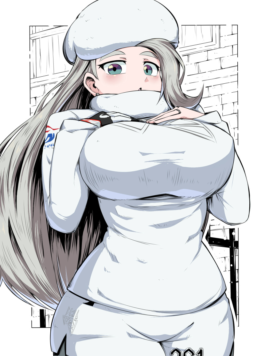 1girl blue_eyes breasts fur_hat gym_leader hat highres large_breasts long_hair long_sleeves mature melon_(pokemon) plump pokemon pokemon_(game) pokemon_swsh shorts solo suzusiigasuki sweater thick_eyebrows two-tone_gloves white_earrings white_hair white_sweater