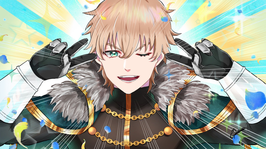 1boy bangs black_gloves black_shirt blonde_hair blue_background cape chain double_v emotional_engine_-_full_drive fate/grand_order fate_(series) fur-trimmed_cape fur_trim gauntlets gawain_(fate/grand_order) gloves gonburu_juan green_cape green_eyes hair_between_eyes hands_up highres long_sleeves looking_at_viewer one_eye_closed open_mouth parody petals shirt short_hair smile solo sparkle striped striped_background v