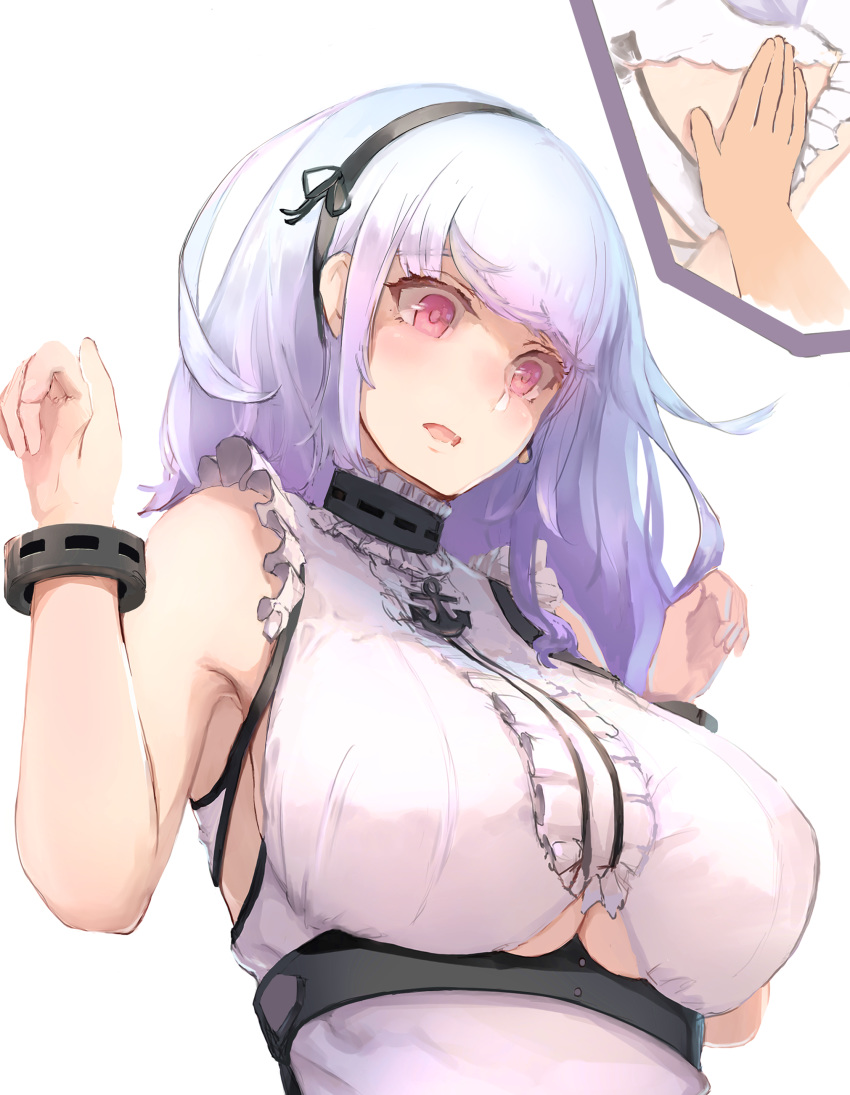1girl absurdres anchor_choker anchor_necklace apron armpits arms_up azur_lane bangs bare_shoulders black_hairband breasts center_frills chickentamago05 choker commentary_request dido_(azur_lane) frilled_apron frilled_choker frills from_below hairband hand_on_back highres large_breasts lavender_hair looking_down maid maid_dress open_mouth pink_eyes shirt sleeveless sleeveless_shirt under_boob underboob_cutout underbust wrist_cuffs