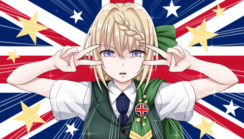 1girl blonde_hair blue_neckwear bow braid braided_bun buttons commentary_request double_v emotional_engine_-_full_drive emphasis_lines eyebrows_visible_through_hair fate/grand_order fate_(series) flag_background green_vest hair_bow kantai_collection necktie open_mouth parody perth_(kantai_collection) shirt short_hair short_sleeves solo star tk8d32 union_jack upper_body v vest violet_eyes white_shirt