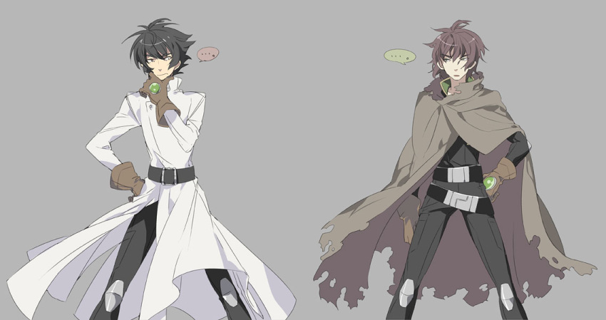 ... 2boys ahoge belt black_hair brown_hair cape cloak coat cosplay costume_switch gloves hand_on_hip jacket kaidou_ken knee_pads looking_at_another magami_ryou male_focus mazinkaiser_skl multiple_boys noki_(affabile) pants short_hair spiky_hair standing thick_eyebrows thinking torn_cape torn_clothes white_coat