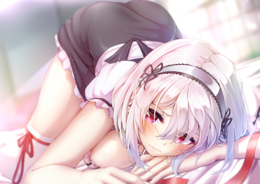 1girl azur_lane bangs blurry blurry_background blush breasts choker collarbone dress hair_between_eyes imo_bouya indoors lace-trimmed_hairband large_breasts looking_at_viewer on_bed puffy_sleeves red_eyes short_hair short_sleeves sirius_(azur_lane) solo sweatdrop thigh-highs thighs top-down_bottom-up white_hair white_legwear