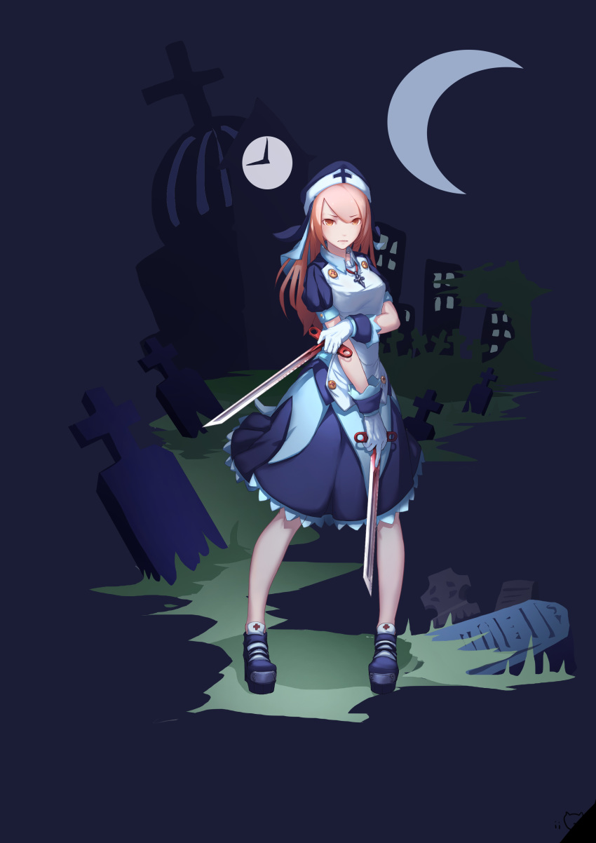 1girl absurdres atk7 bare_legs blade building clock closed_mouth cross cross_necklace dress dual_wielding eyebrows_visible_through_hair frills gloves grass highres holding holding_weapon jewelry moon necklace orange_eyes orange_hair original puffy_sleeves solo standing tombstone weapon white_gloves