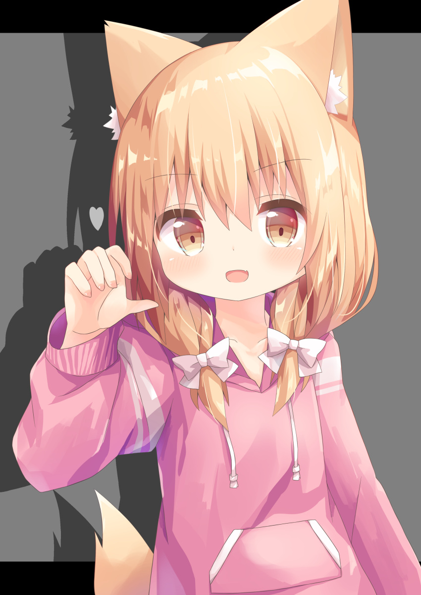 1girl :d absurdres animal_ear_fluff animal_ears bangs blush bow brown_eyes claw_pose commentary_request drawstring drop_shadow eyebrows_visible_through_hair fang grey_background hair_between_eyes hair_bow hair_over_shoulder hand_up heart highres hood hood_down hoodie letterboxed light_brown_hair long_hair long_sleeves looking_at_viewer nakkar open_mouth original pink_hoodie smile solo tail tail_raised white_bow