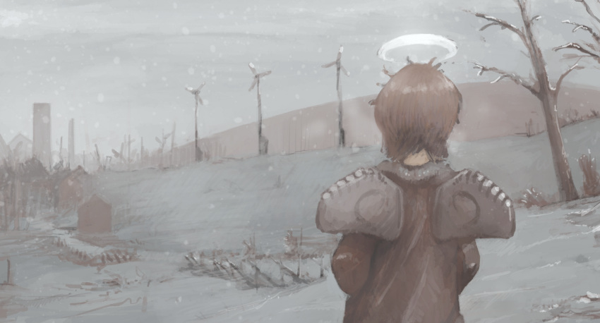 1girl bare_tree brown_hair day drawfag facing_away haibane_renmei halo highres outdoors rakka scenery snow snowing solo tree wall windmill wings winter