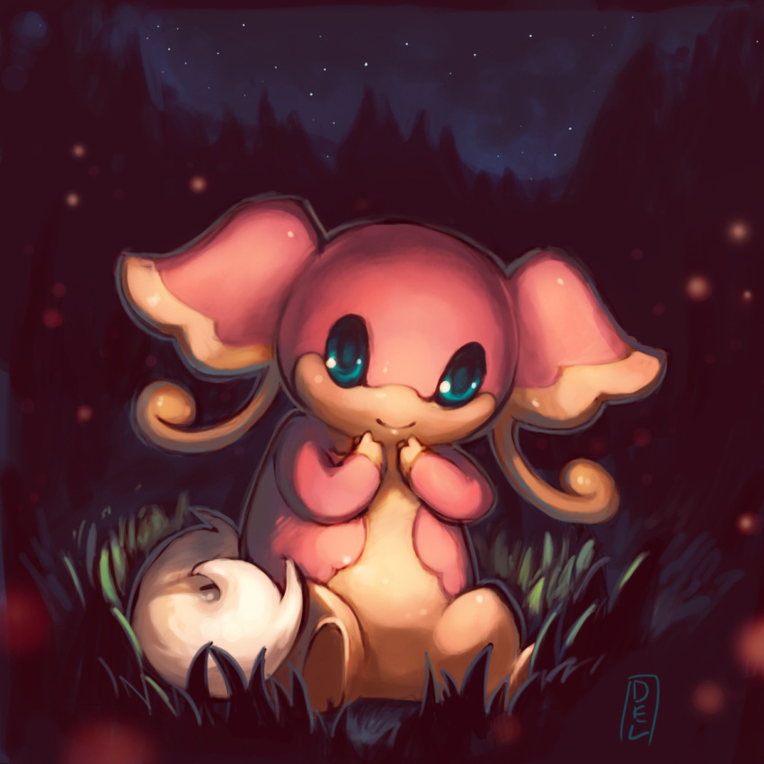 audino blue_eyes closed_mouth commentary creature delano-laramie english_commentary forest full_body gen_5_pokemon grass looking_at_viewer nature night night_sky no_humans outdoors pokemon pokemon_(creature) signature sitting sky smile solo star_(sky) starry_sky tree