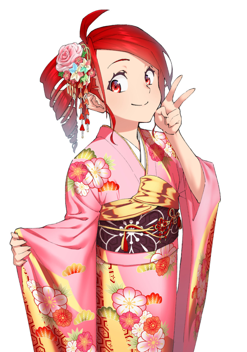 1girl ahoge anco8pizz cowboy_shot drill_hair floral_print flower furisode hair_flower hair_ornament hand_up highres japanese_clothes kasane_teto kimono looking_at_viewer obi pink_kimono red_eyes redhead sash short_hair smile solo standing utau v white_background wide_sleeves