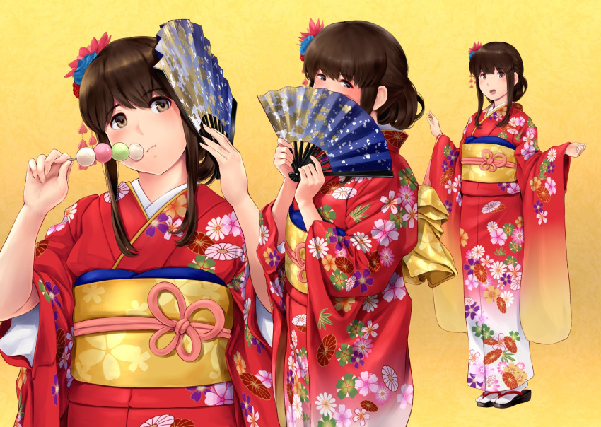 1girl akagi_(kantai_collection) alternate_costume alternate_hairstyle bad_link bangs blush brown_eyes brown_hair covering_mouth eating fan floral_print folded_ponytail folding_fan food furisode gradient gradient_background hair_ornament highres holding holding_fan japanese_clothes kantai_collection kimono legs_together long_hair looking_at_viewer multiple_views obiage obijime open_mouth red_kimono sidelocks sleeves smile standing tabi w_arms wa_(genryusui) white_footwear wide_sleeves zouri