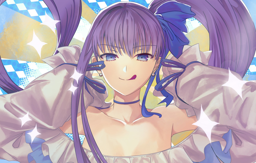 1girl absurdres aikawa_lotus bangs blue_eyes choker collarbone commentary_request emotional_engine_-_full_drive eyebrows_visible_through_hair fate/grand_order fate_(series) hair_between_eyes highres long_hair long_sleeves looking_at_viewer meltryllis meltryllis_(swimsuit_lancer)_(fate) purple_hair sleeves_past_fingers sleeves_past_wrists smile solo swimsuit tongue tongue_out very_long_hair