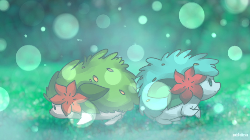 alternate_color autobottesla back-to-back commentary creature english_commentary full_body gen_4_pokemon green_eyes no_humans pokemon pokemon_(creature) shaymin shaymin_(land) shiny_pokemon signature