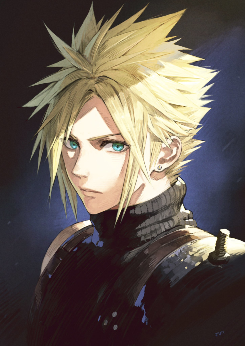 1boy bangs black_sweater blonde_hair blue_eyes cloud_strife earrings final_fantasy final_fantasy_vii highres jewelry jun_(seojh1029) male_focus simple_background solo stud_earrings sweater turtleneck